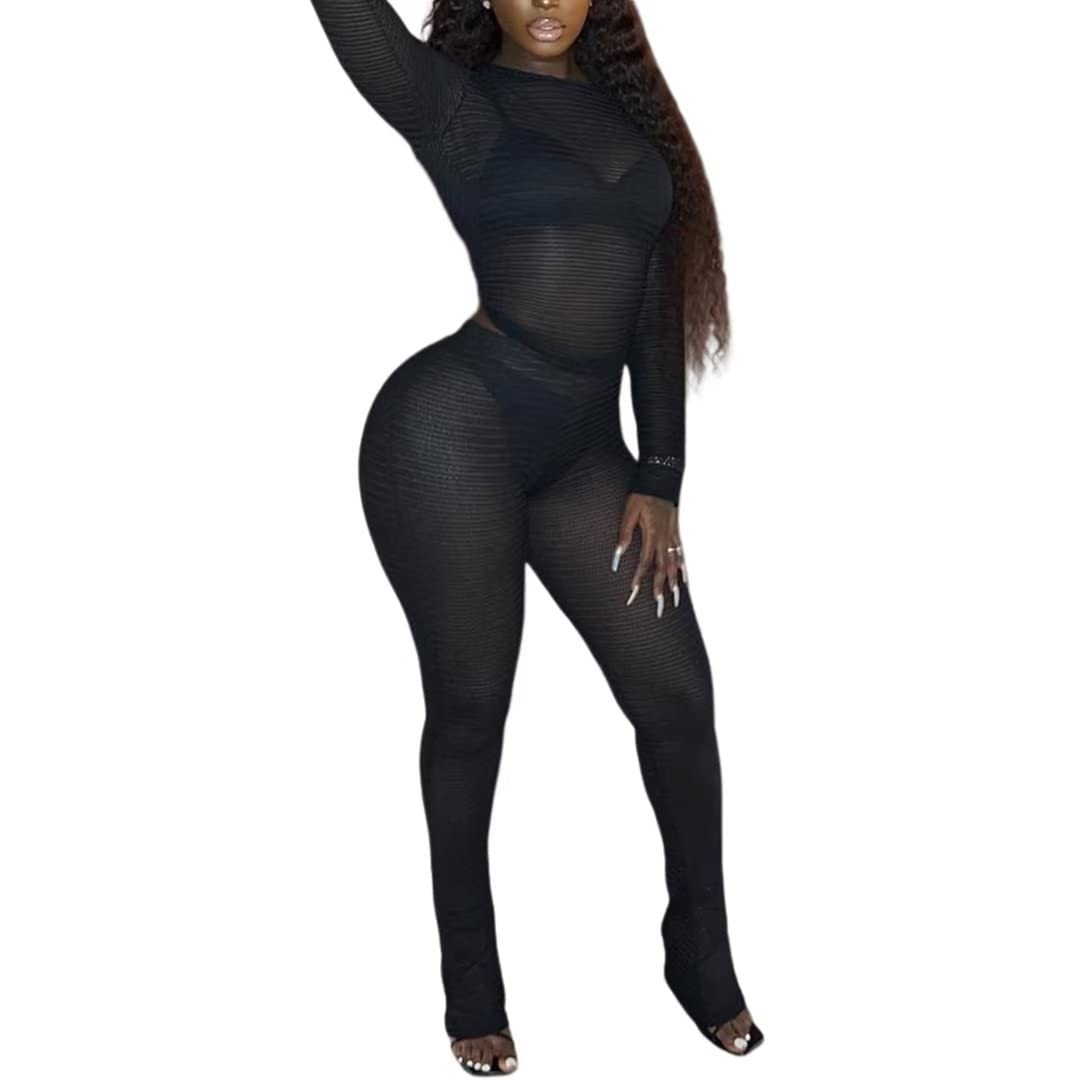 Kafiloe Women Sexy 2 Piece Outfits Clubwear Mesh See Through Long Sleeve Crop Top Bodycon Flare Pants Set Black S