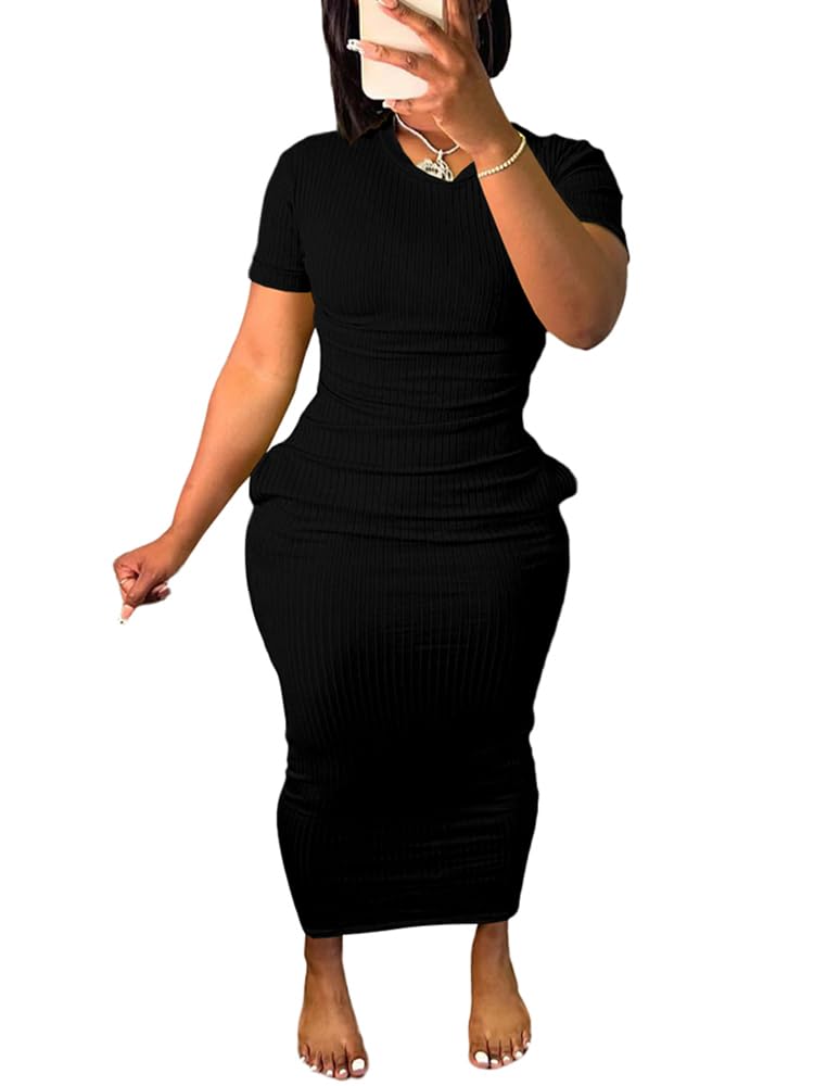 Women's Casual Short Sleeve Dress T Shirt Bodycon Dresses Ribbed V Neck Maxi Sundress Basic Party Club Dress with Pocket-Black-S