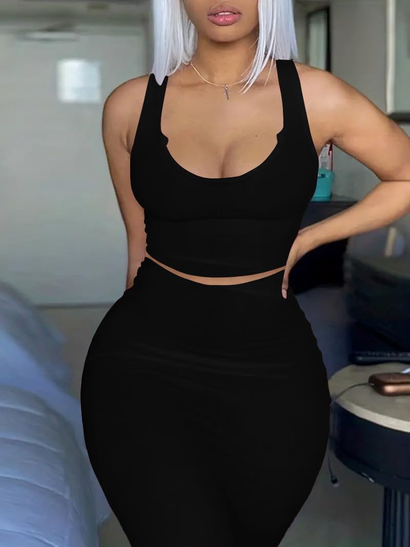 Nimsruc 2 Piece Outfits for Women Sexy Bodycon Skirt Set Summer Casual Matching Sets Black XXL