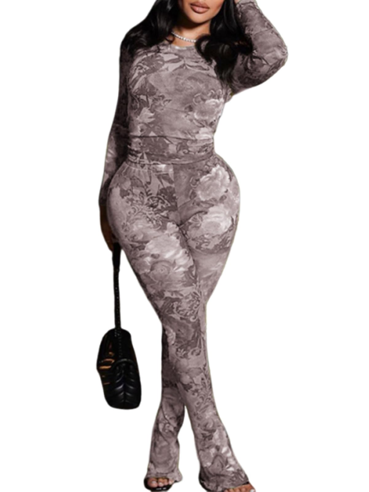 Sexy 2 Piece Set Jumpsuit for Women Floral Print See Through Mesh Long Sleeve Going Out Top and Flare Pants Sets Grey