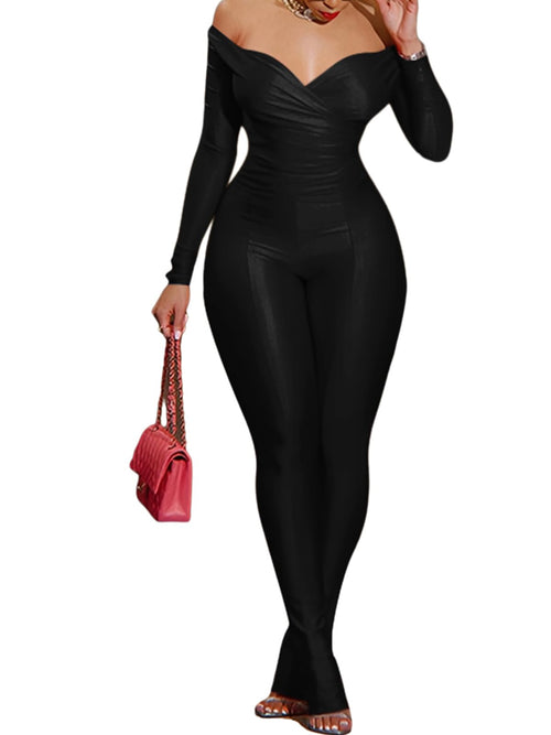 acelyn 2 Piece Outfits for Women Sexy Off Shoulder Tops Bodycon Flared Pant Sets Club Outfits Tracksuit Black L