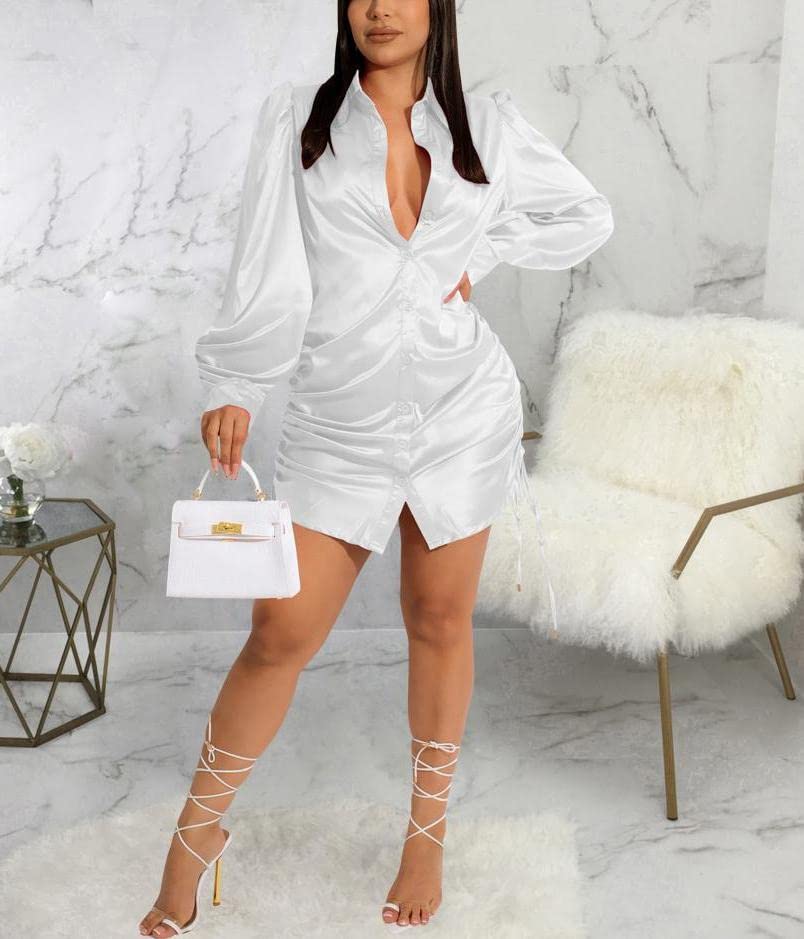Sexy White Dress for Women Date Night Button Down Silk Shirt Dresses Long Sleeve Stand Collar Drawstring Blouses