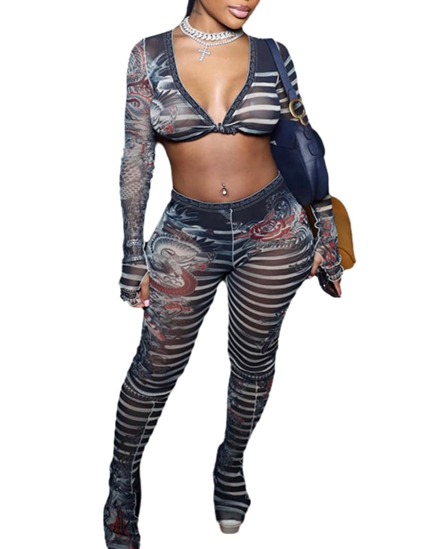 THLAI Women's Two Piece Sexy Lace Sets Long Sleeved Short Top Slim Pants See Through Print Outfits Clubwear