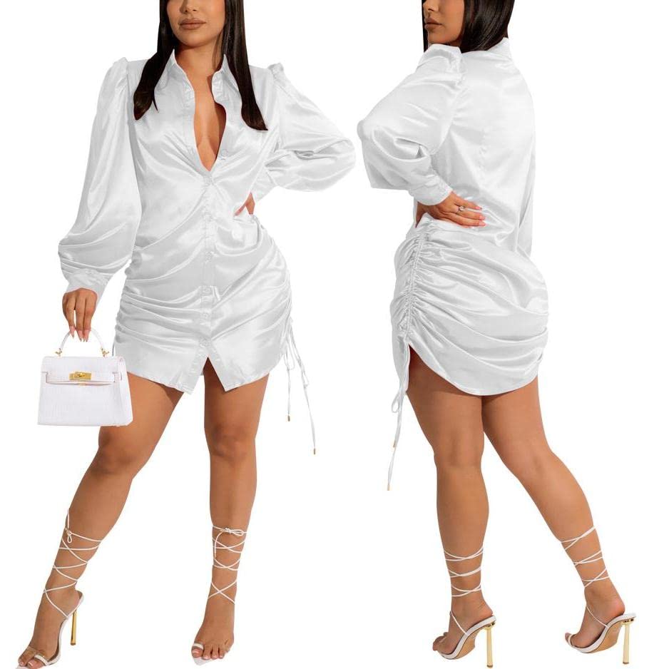 Sexy White Dress for Women Date Night Button Down Silk Shirt Dresses Long Sleeve Stand Collar Drawstring Blouses