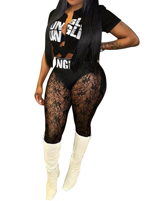 Adogirl Women's 2 Piece Outfits Short Sleeve Front Tied Sheer Mesh Bodycon Long Legging Pants Sets
