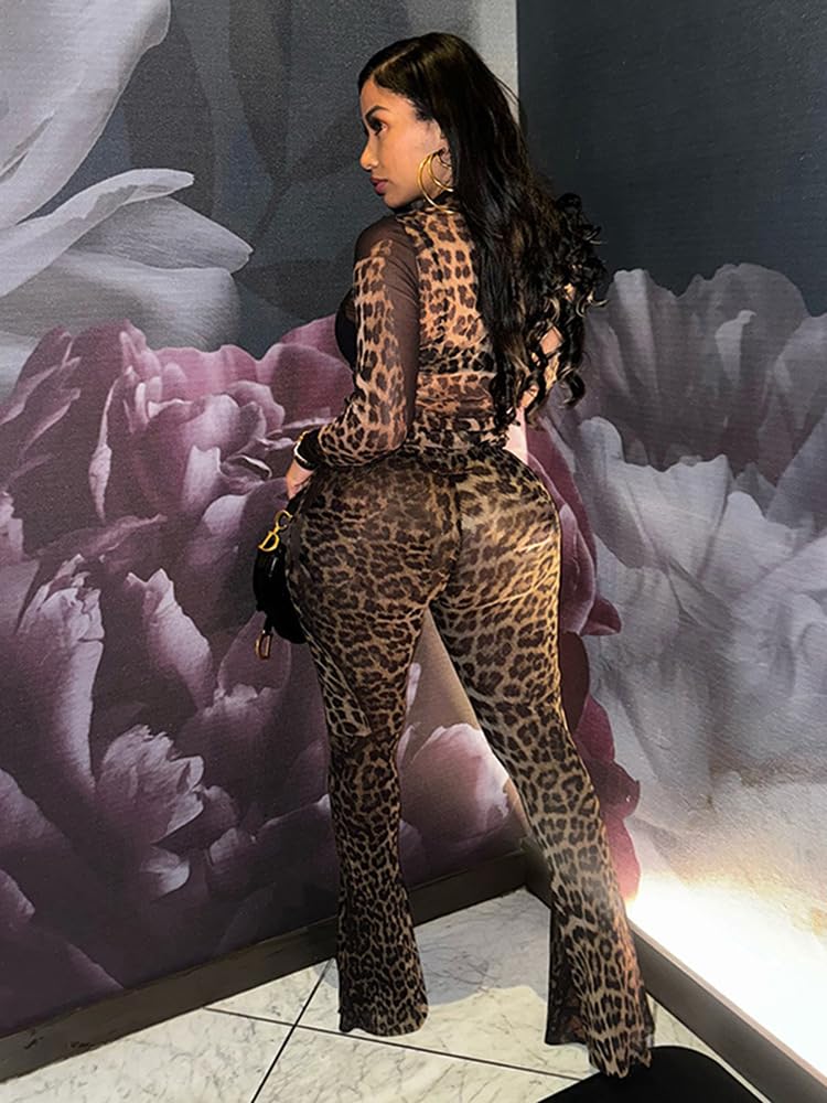 YOUFE Women's Leopard Print Two Piece Set Mesh See Through Top Bodycon Pants Cheetah Print Set Y2K Club Outfits For Women