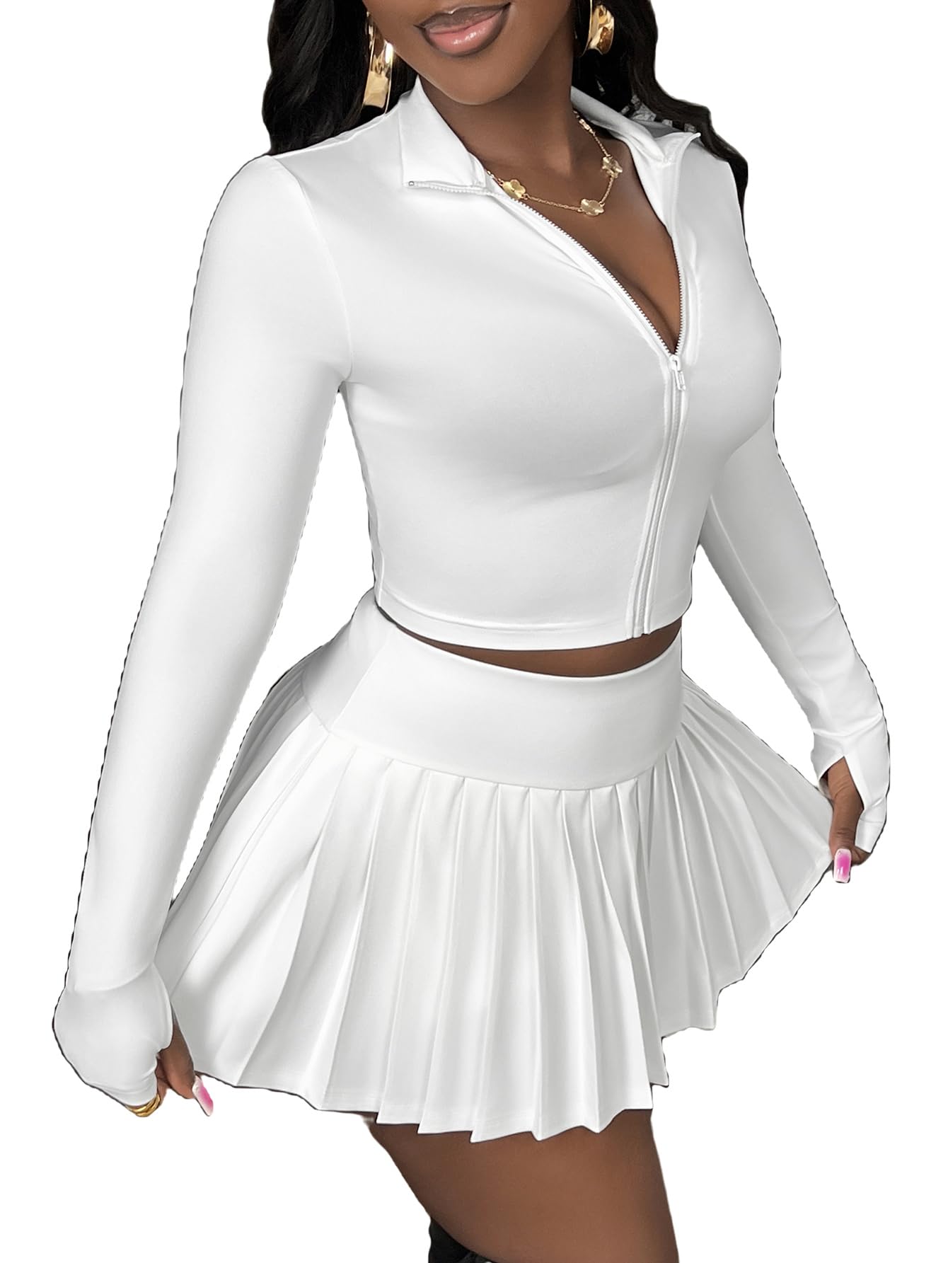 SOLY HUX Women's Skirt Sets 2 Piece Outfits Long Sleeve Crop Top with Pleated Mini Skirt Set Activewear Party Outfits for Women Plain White Large