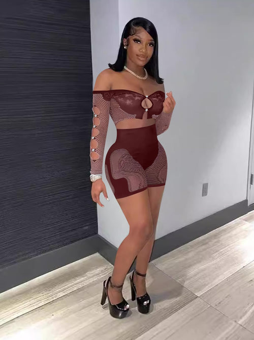 acelyn Womens 2 Piece Knit Shorts Sets Sexy See Through Long Sleeve Crop Top and Mesh Hollow Out Shorts Outfits Party Club Night Matching Set