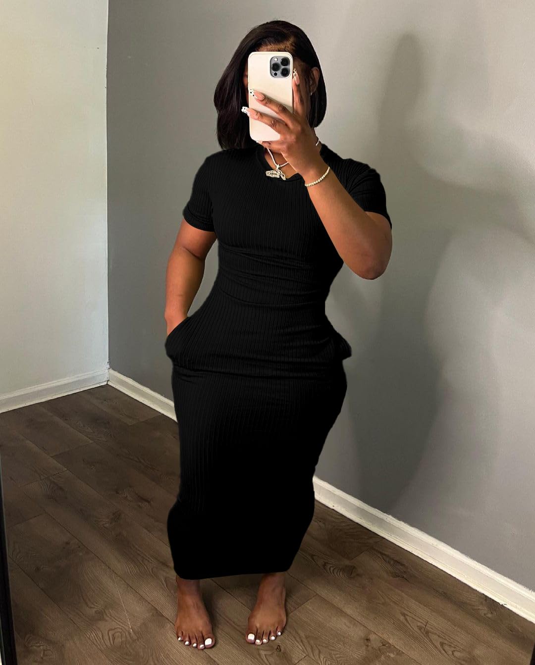 Women's Casual Short Sleeve Dress T Shirt Bodycon Dresses Ribbed V Neck Maxi Sundress Basic Party Club Dress with Pocket-Black-S