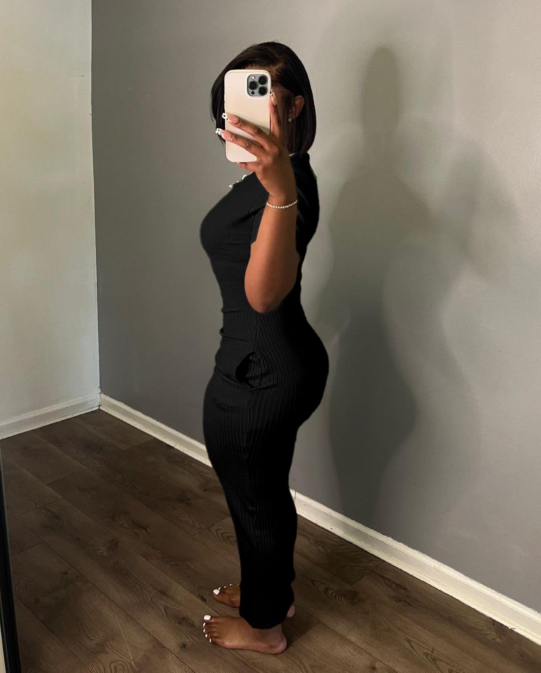 Women's Casual Short Sleeve Dress T Shirt Bodycon Dresses Ribbed V Neck Maxi Sundress Basic Party Club Dress with Pocket-Black-S