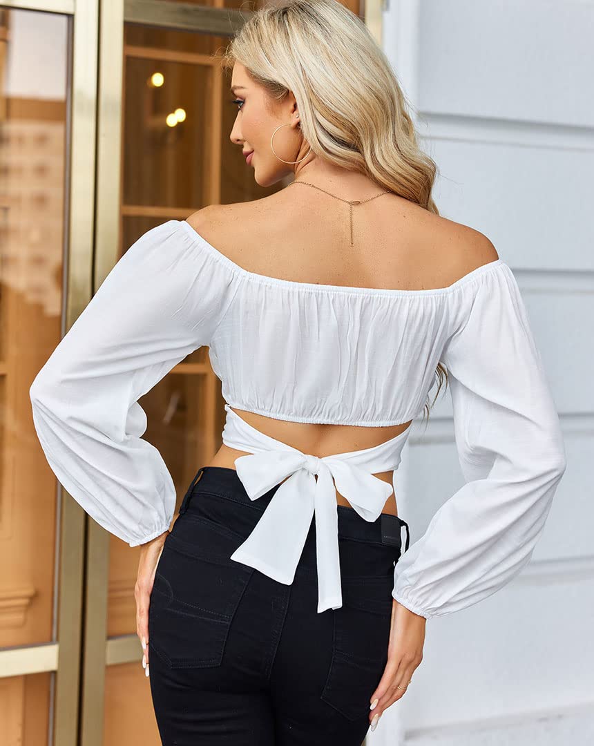 MIRACMODA Woman Off Shoulder Ruched Tie Back Crop Top Summer Lantern Sleeve Boho Shirt Blouse A-White