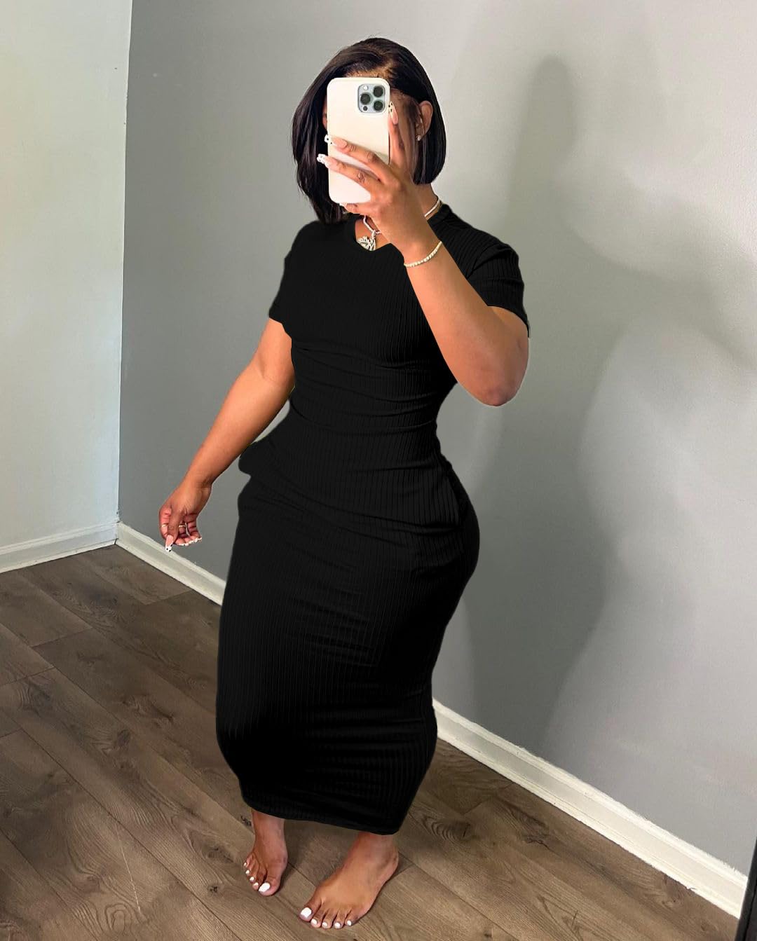 Women's Casual Short Sleeve Dress T Shirt Bodycon Dresses Ribbed V Neck Maxi Sundress Basic Party Club Dress with Pocket-Black-S