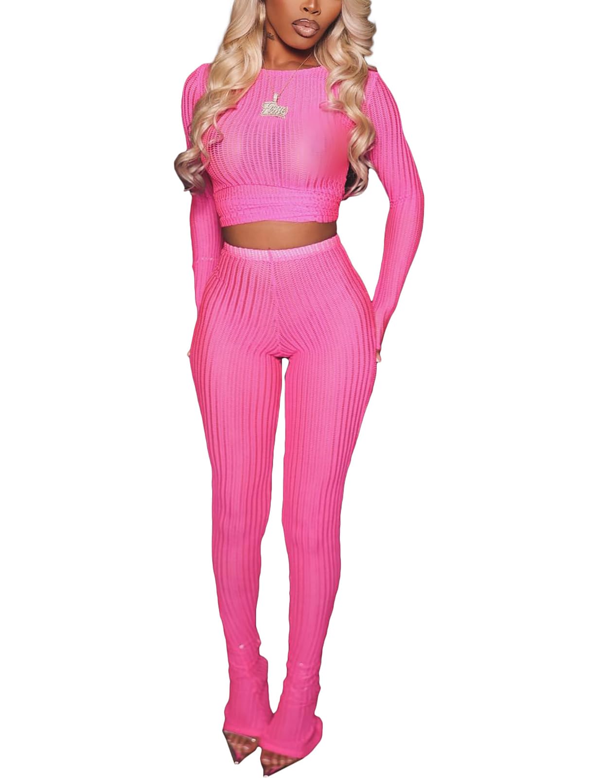 PRIVIMIX Womens 2 Piece Outifts Sexy Mesh See Through Clubwear Long Sleeve Crop Top Bodycon Flare Pants Set