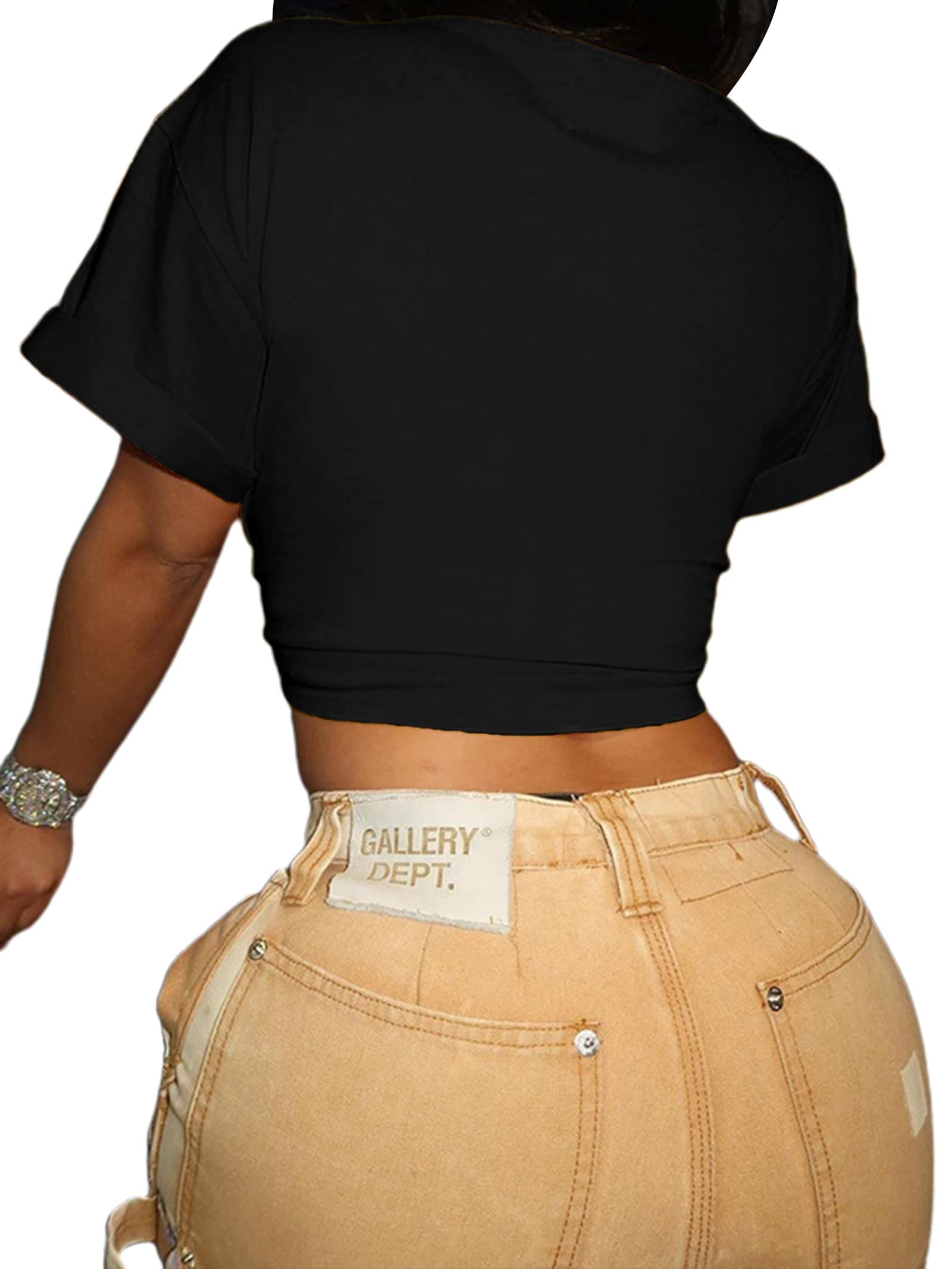 vblane Sexy Graphic Crop Tops for Women Summer Short Sleeve Tie up Tee Shirt Active Black X-Large