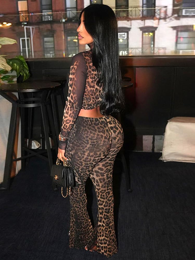 YOUFE Women's Leopard Print Two Piece Set Mesh See Through Top Bodycon Pants Cheetah Print Set Y2K Club Outfits For Women
