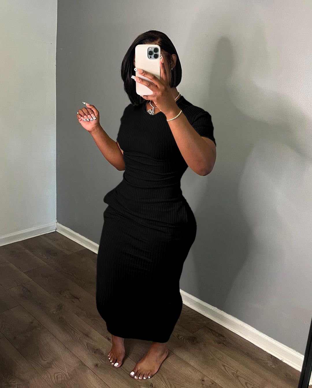 Women's Casual Short Sleeve Dress T Shirt Bodycon Dresses Ribbed V Neck Maxi Sundress Basic Party Club Dress with Pocket-Black-S