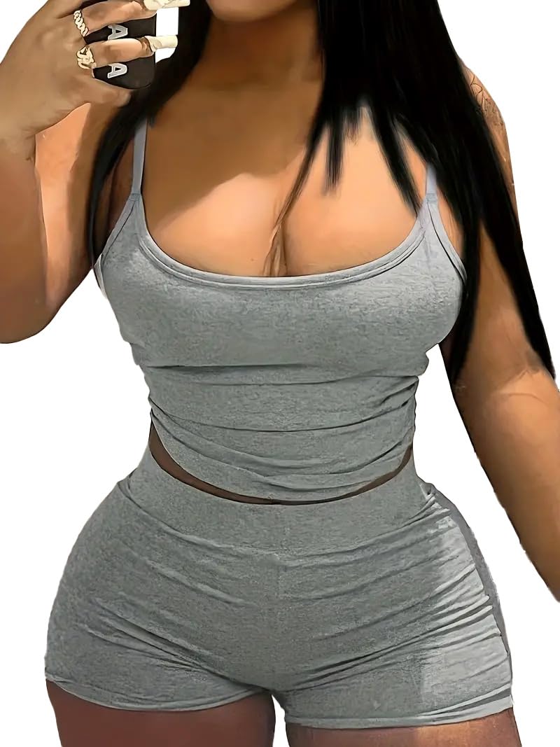 Nimsruc 2 Piece Outfits for Women Sexy Summer Biker Shorts Sets Casual Strap Tank Bodycon Active Wear Matching Tracksuits Grey S