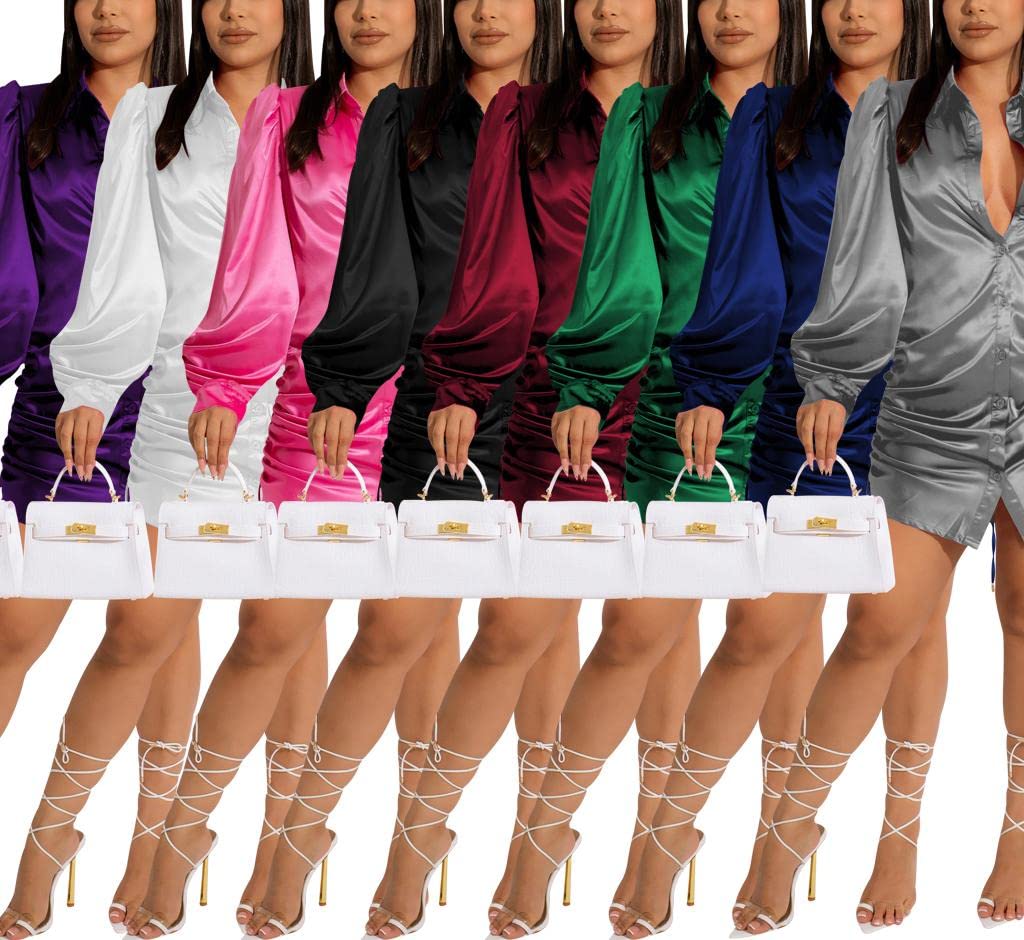 Sexy White Dress for Women Date Night Button Down Silk Shirt Dresses Long Sleeve Stand Collar Drawstring Blouses