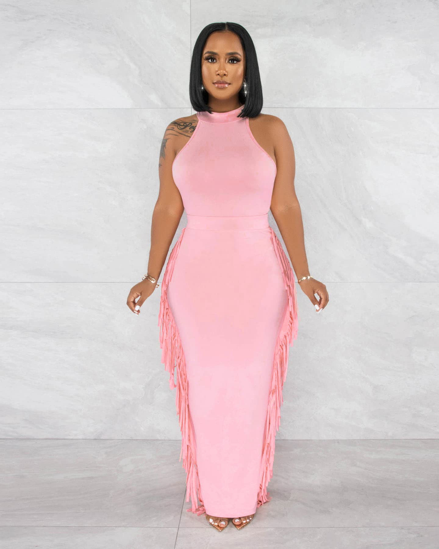 Sexy Summer Two Piece Outfits for Women Bodycon Club Dresses Crop Tops Cocktail Party Skirt Set Pink L