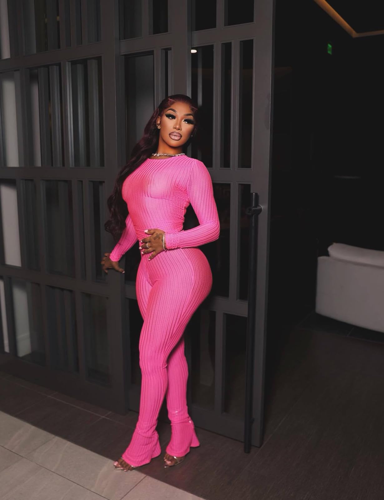 PRIVIMIX Womens 2 Piece Outifts Sexy Mesh See Through Clubwear Long Sleeve Crop Top Bodycon Flare Pants Set