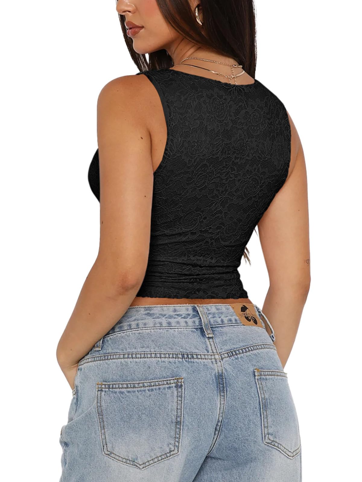 REORIA Womens Summer Tops Sexy V-Neck Sleeveless Double Lined Fashion Going Out Y2K Tank Tops Trendy Lace Slimming Crop Tops for Teen Girls Black Medium