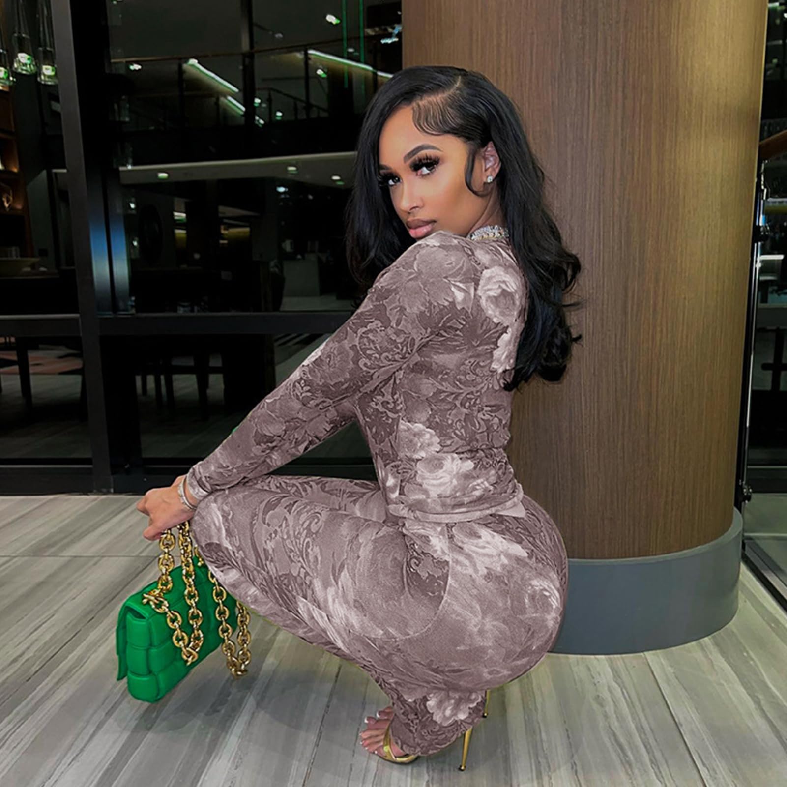 Sexy 2 Piece Set Jumpsuit for Women Floral Print See Through Mesh Long Sleeve Going Out Top and Flare Pants Sets Grey