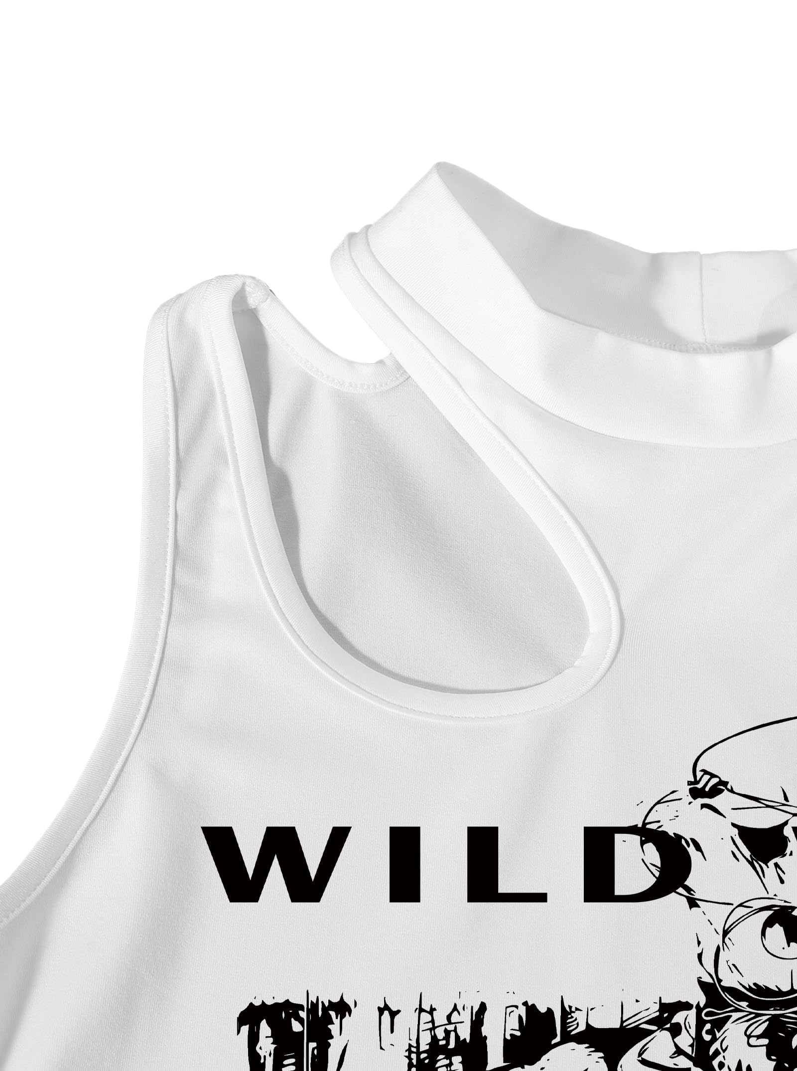 LovelyWholesale Graphic Crop Tops for Women Sexy Cut Out Tops Mock Neck Tank Top W White Black Medium