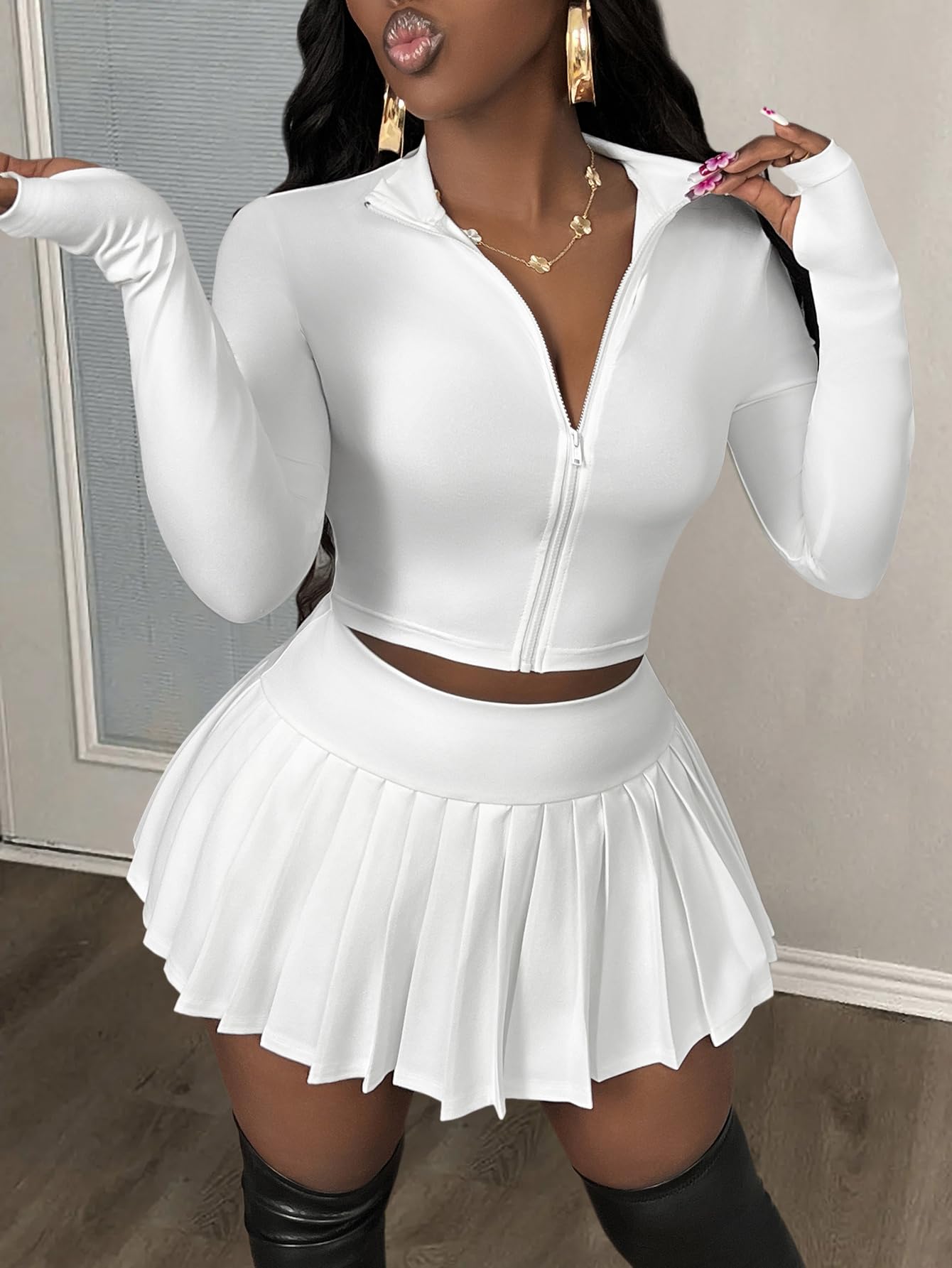 SOLY HUX Women's Skirt Sets 2 Piece Outfits Long Sleeve Crop Top with Pleated Mini Skirt Set Activewear Party Outfits for Women Plain White Large
