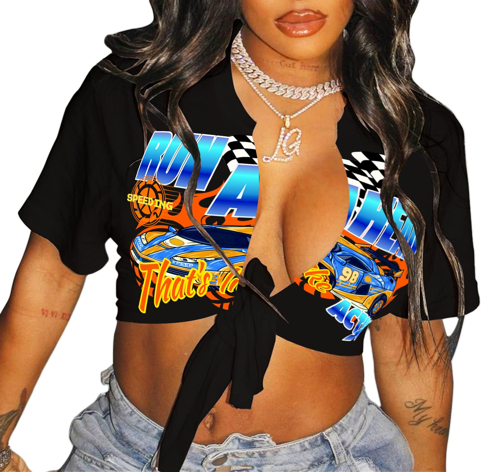 vblane Sexy Graphic Crop Tops for Women Summer Short Sleeve Tie up Tee Shirt Active Black X-Large