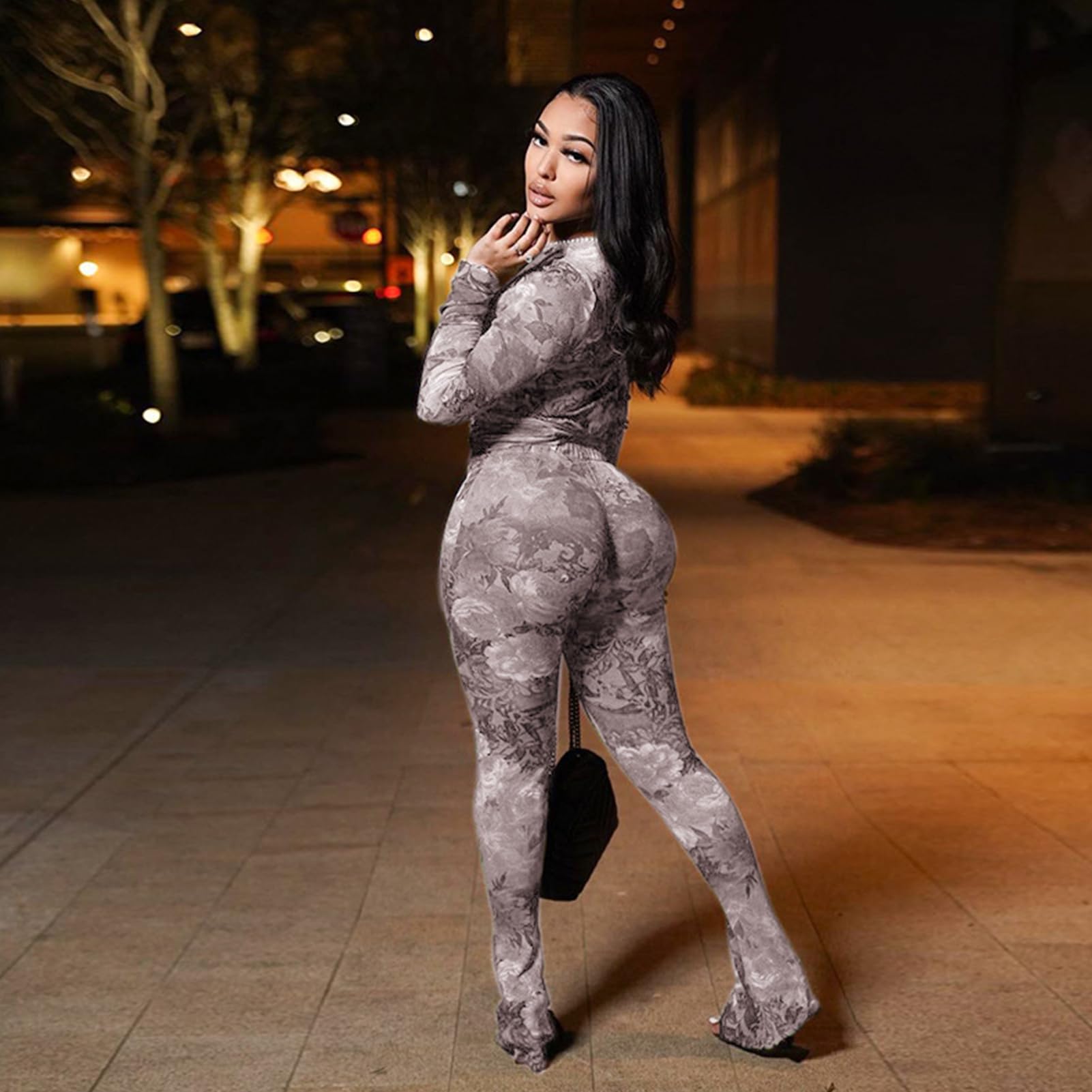 Sexy 2 Piece Set Jumpsuit for Women Floral Print See Through Mesh Long Sleeve Going Out Top and Flare Pants Sets Grey