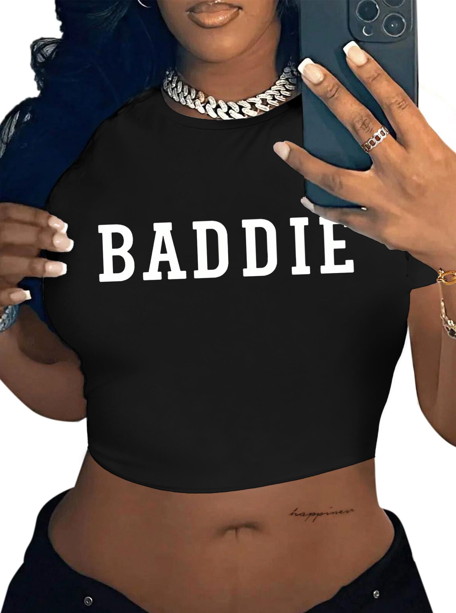 Hilinker Womens Short Sleeve Graphic Crop Tops Vintage Baby Tees Summer Cute T Shirts Black White Letter Baddie Medium
