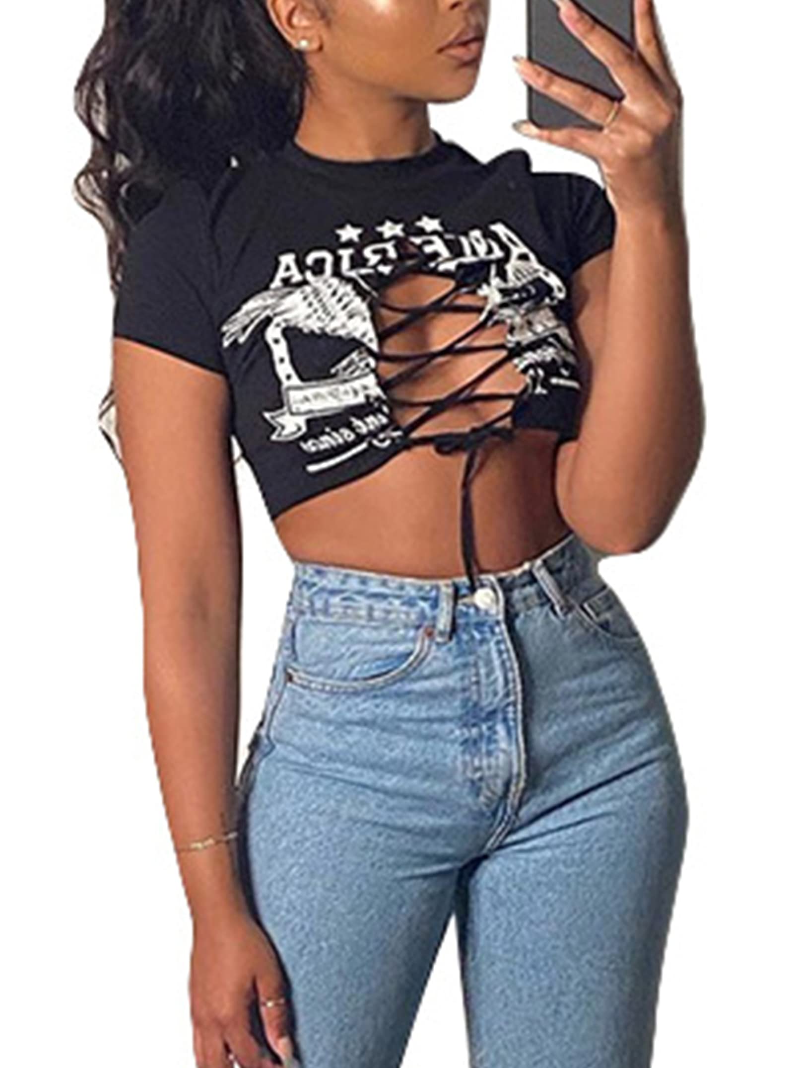 Remidoo Women's Sexy Lace Up Crop Top Short Sleeve Cropped T Shirt Cutout Graphic Tee Black Small