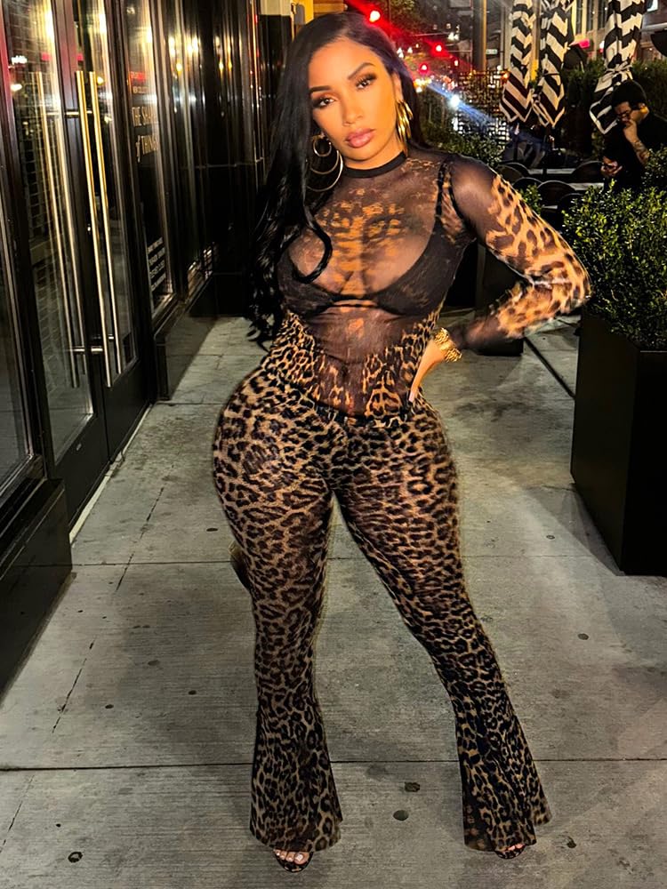 YOUFE Women's Leopard Print Two Piece Set Mesh See Through Top Bodycon Pants Cheetah Print Set Y2K Club Outfits For Women