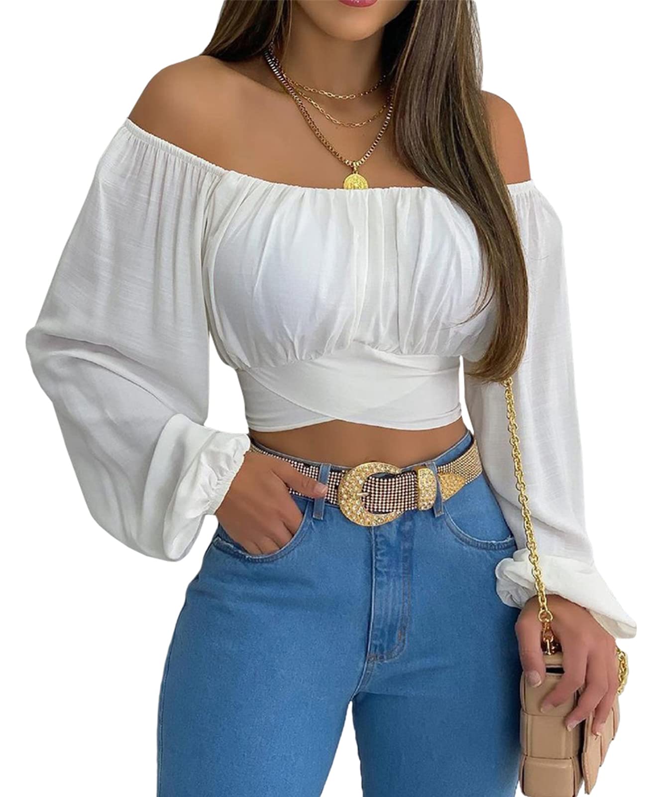 MIRACMODA Woman Off Shoulder Ruched Tie Back Crop Top Summer Lantern Sleeve Boho Shirt Blouse A-White