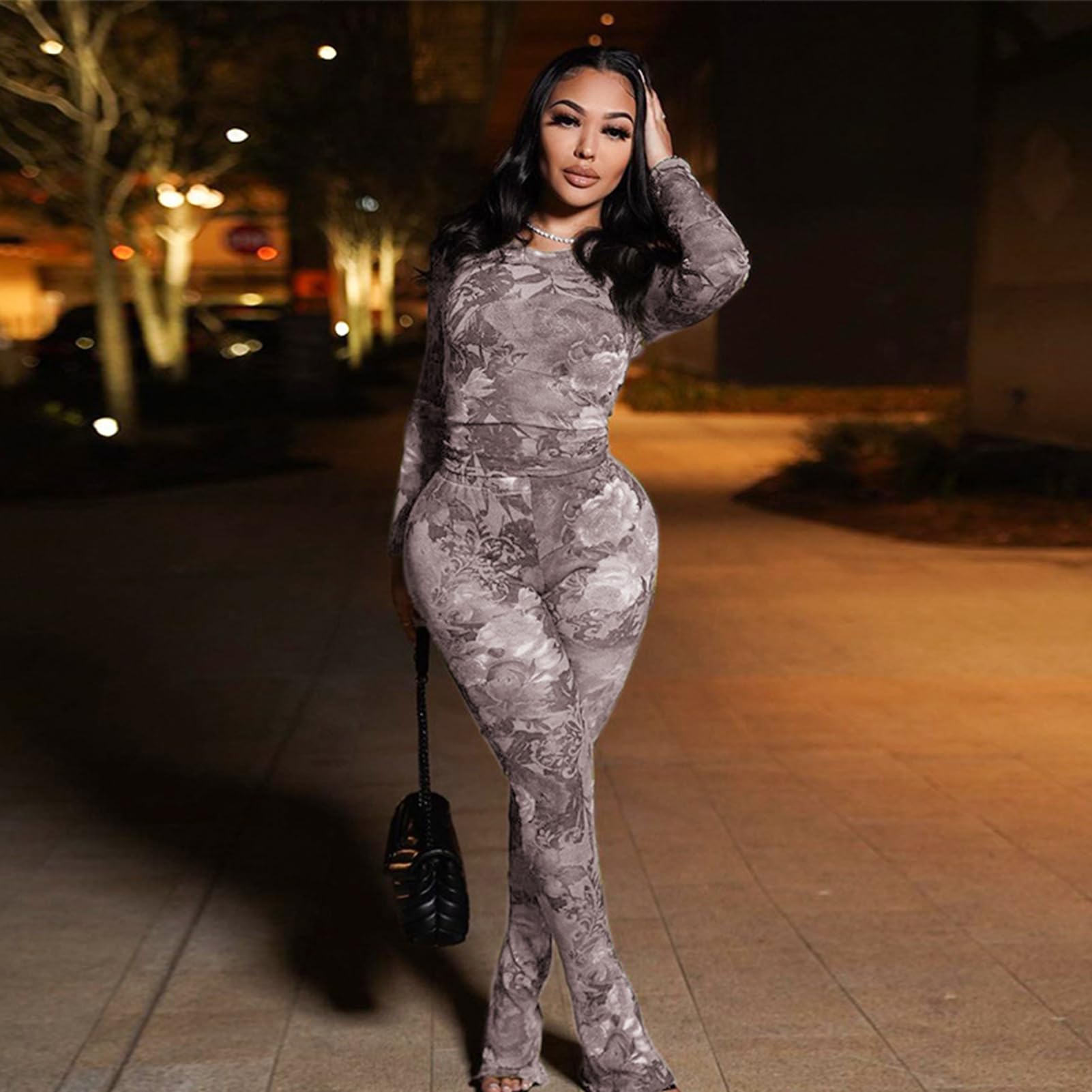 Sexy 2 Piece Set Jumpsuit for Women Floral Print See Through Mesh Long Sleeve Going Out Top and Flare Pants Sets Grey
