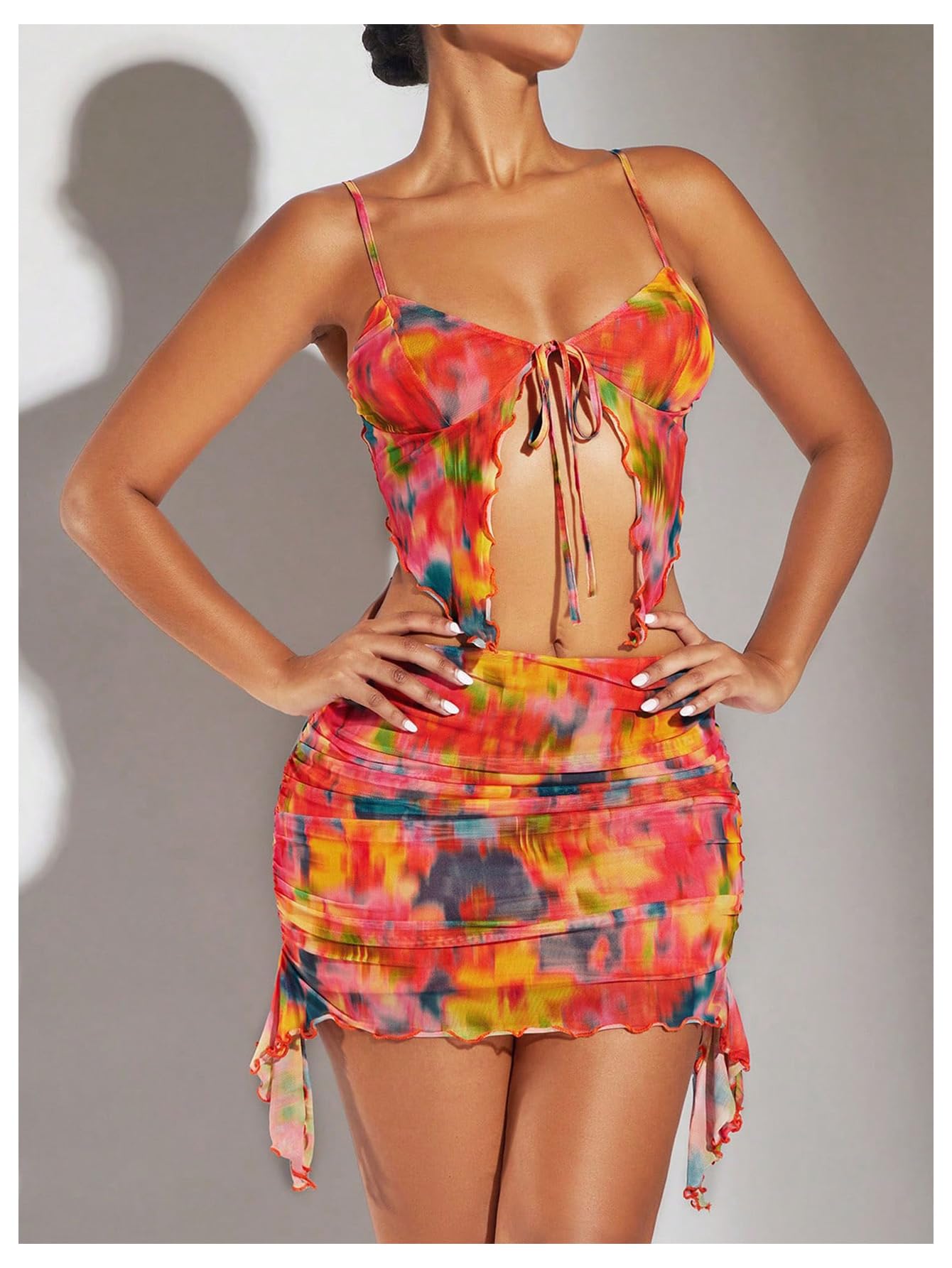 Milumia Women's 2 Piece Outfit Tie Dye Split Tie Front Cami Top Ruched Bodycon Mini Skirt Sets Orange Large