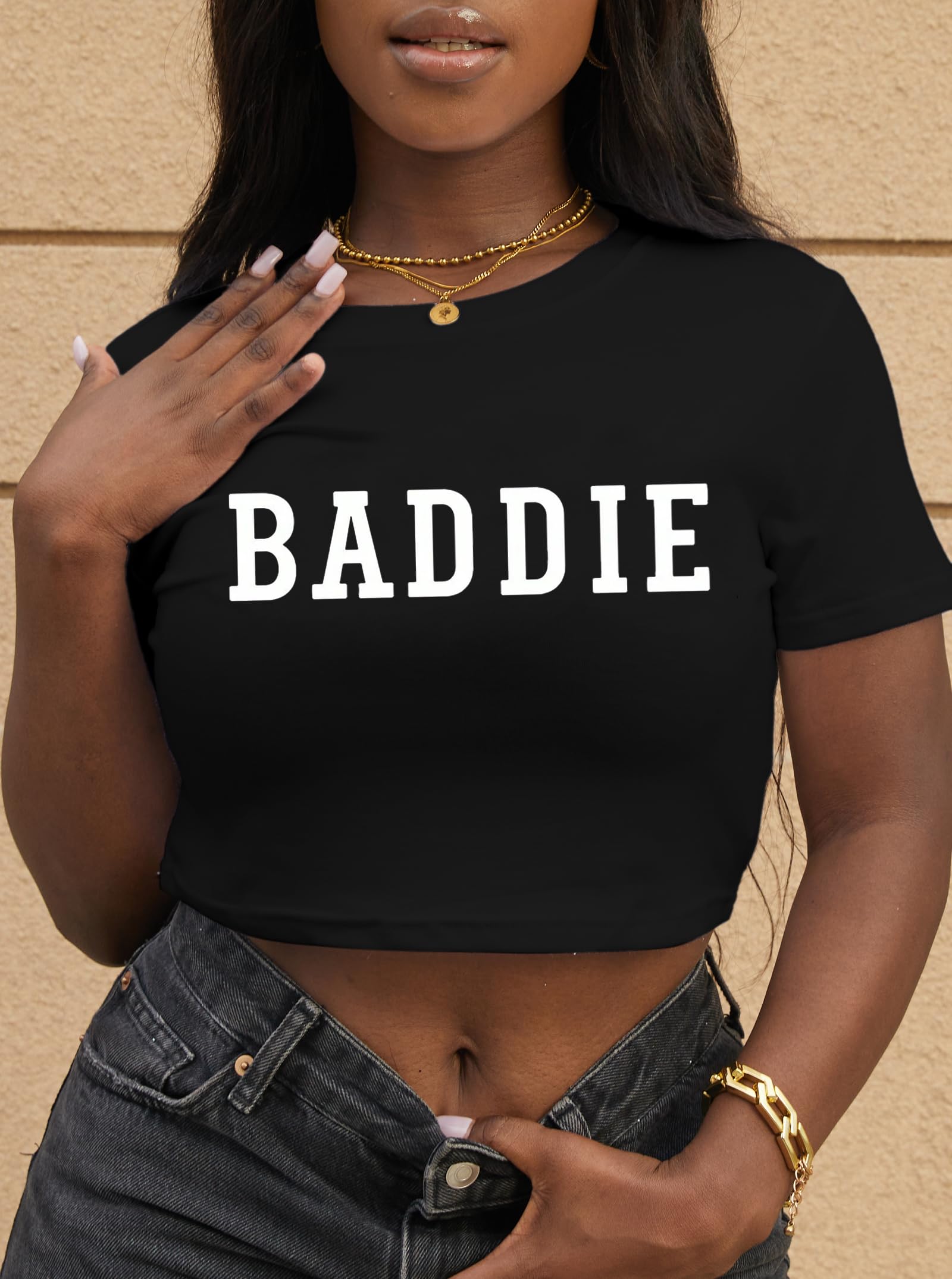 Hilinker Womens Short Sleeve Graphic Crop Tops Vintage Baby Tees Summer Cute T Shirts Black White Letter Baddie Medium