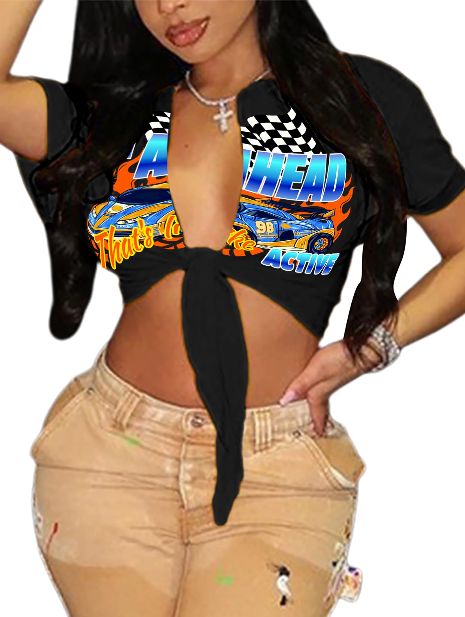 vblane Sexy Graphic Crop Tops for Women Summer Short Sleeve Tie up Tee Shirt Active Black X-Large