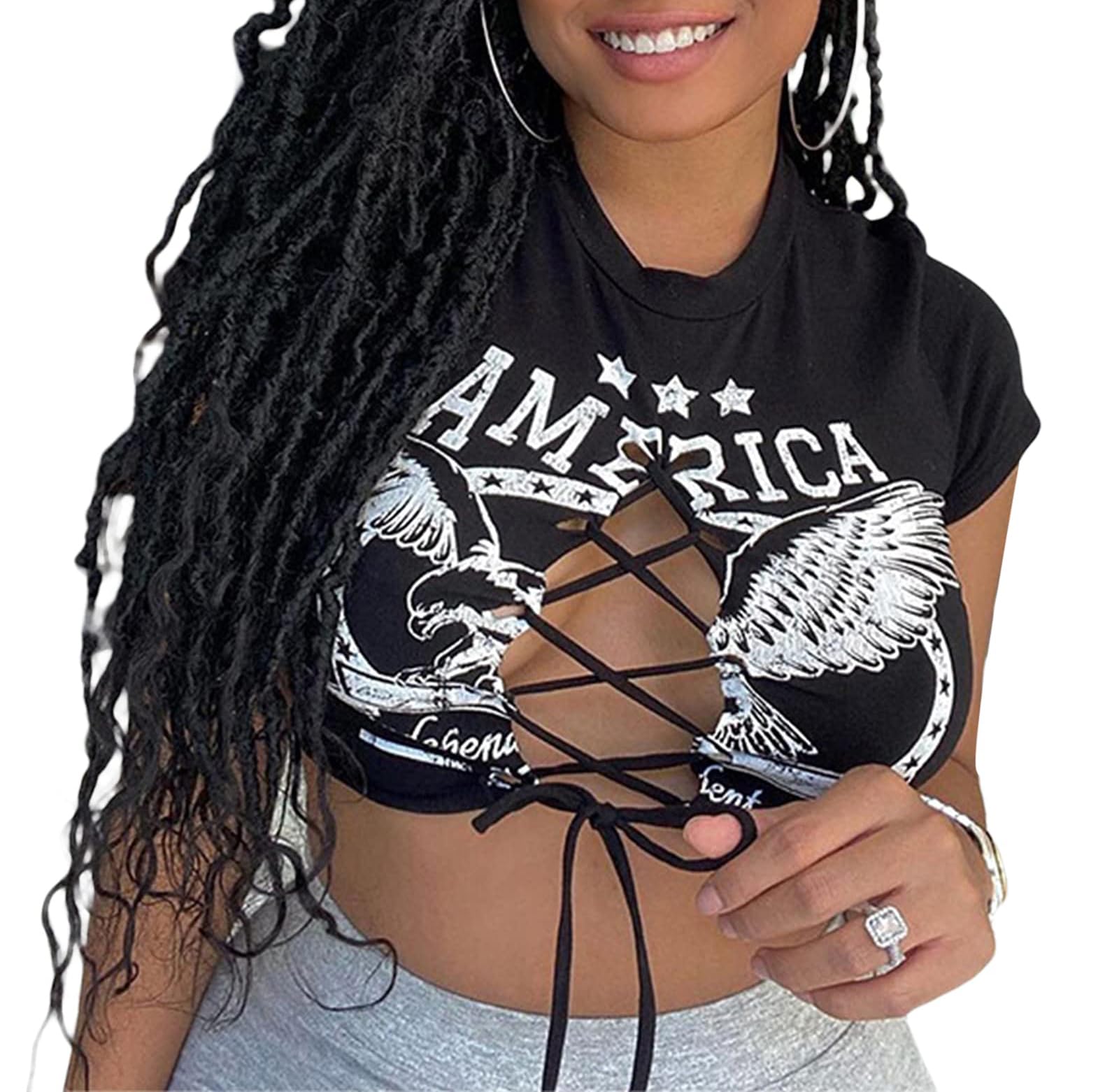 Remidoo Women's Sexy Lace Up Crop Top Short Sleeve Cropped T Shirt Cutout Graphic Tee Black Small
