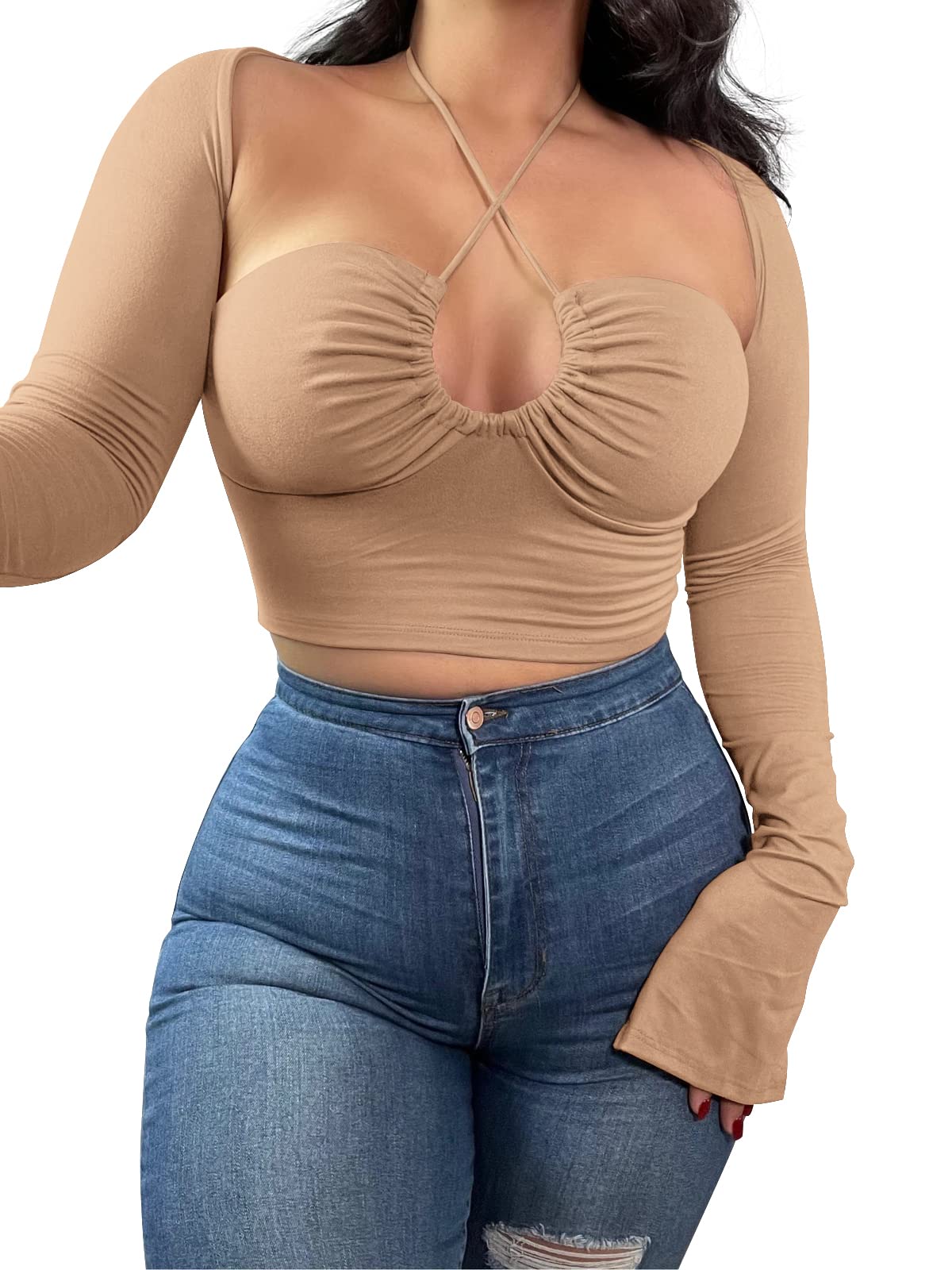 KERPELLY Women's Sexy Halter Criss Cross Tie Up Crop Top Basic Long Sleeve Cut Out T Shirt,Nude,L