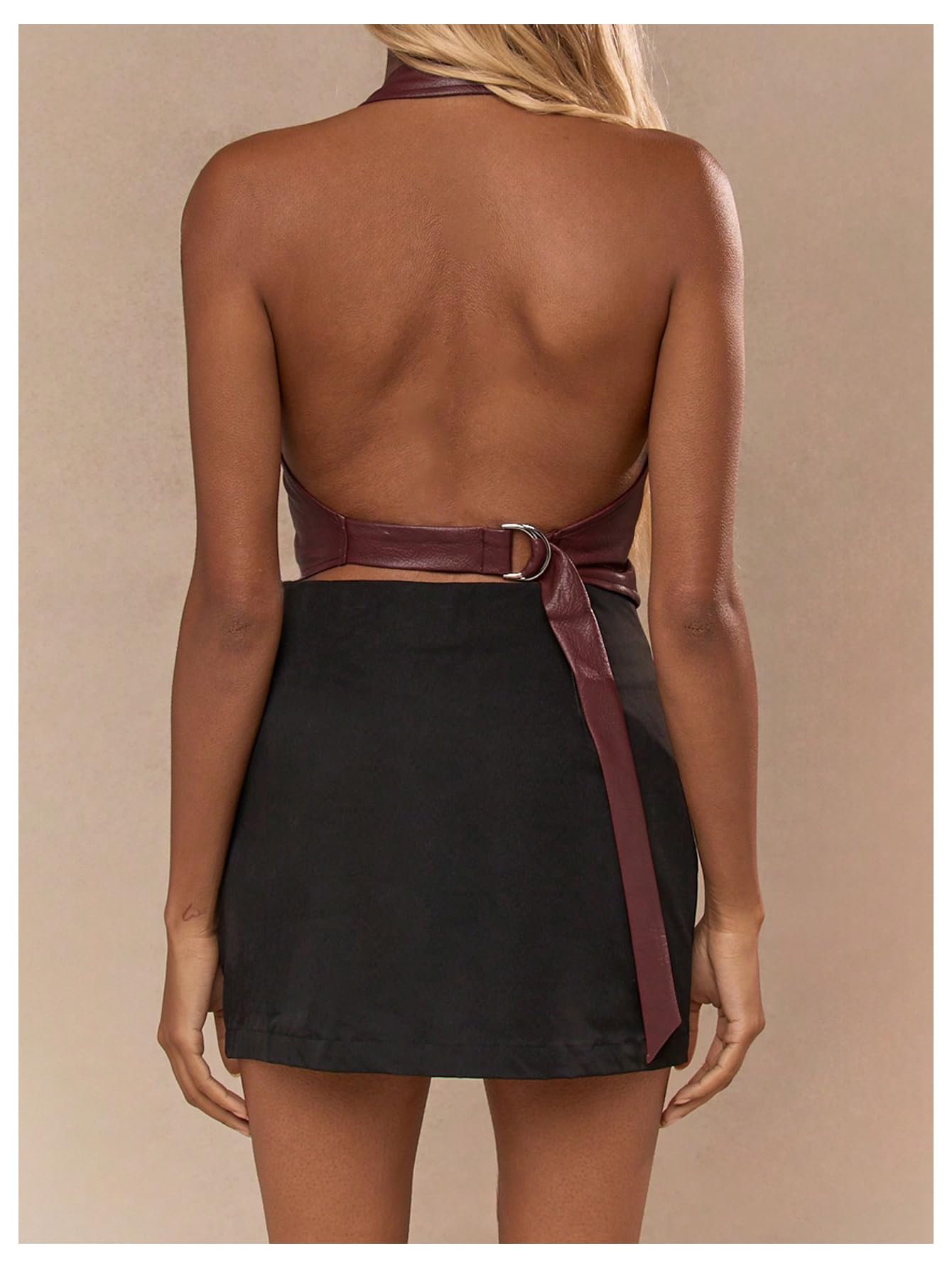 SOLY HUX Women's PU Leather Halter Tank Tops Sexy Deep V Neck Asymmetrical Vest Corset Party Clubwear Pure Burgundy Small
