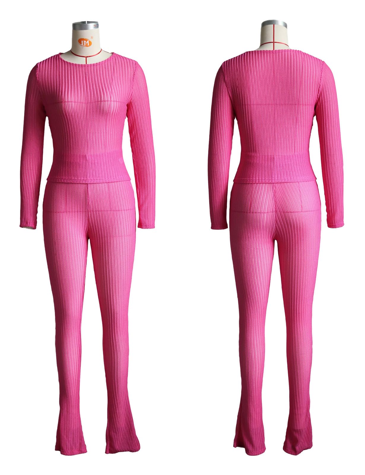PRIVIMIX Womens 2 Piece Outifts Sexy Mesh See Through Clubwear Long Sleeve Crop Top Bodycon Flare Pants Set