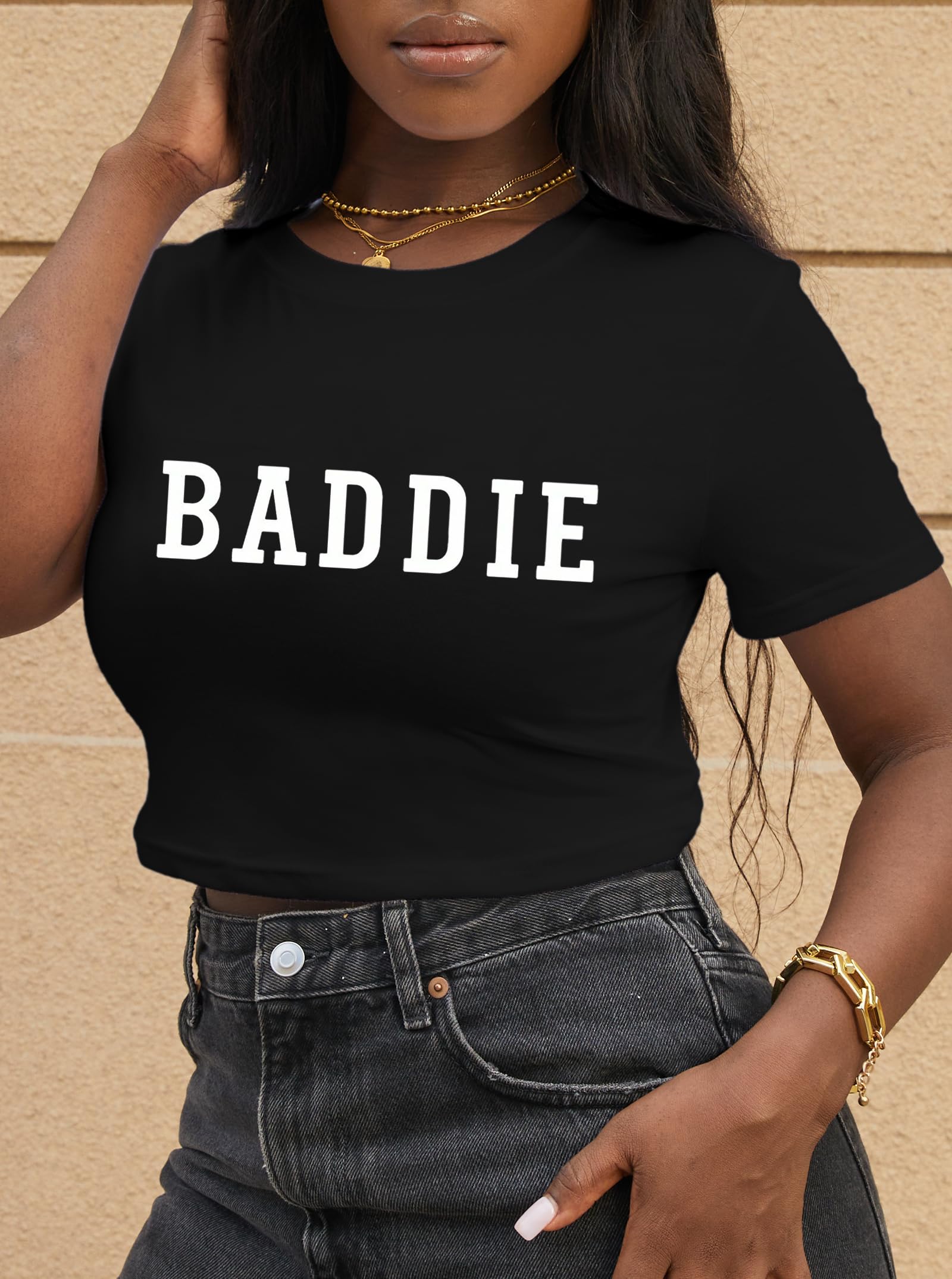 Hilinker Womens Short Sleeve Graphic Crop Tops Vintage Baby Tees Summer Cute T Shirts Black White Letter Baddie Medium
